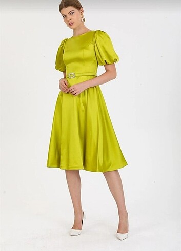 xl Beden yeşil Renk Balon kollu mini saten elbise fıstık yeşili 