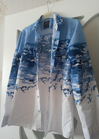 s Beden Mavi Batik Desenli Pamuklu Erkek Gömlek