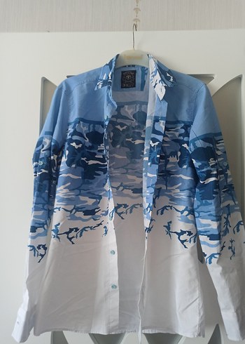 Diğer Mavi Batik Desenli Pamuklu Erkek Gömlek