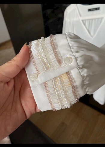 s Beden zara Boncuk İşlemeli Beyaz şifon Bluz