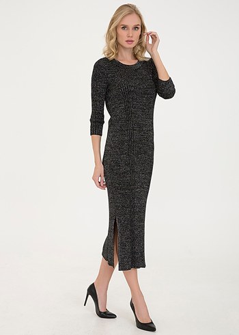 Siyah Slim Fit Bisiklet Yaka Triko Elbise. Pierre Cardin. - Görsel 3