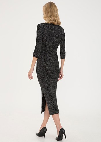 Siyah Slim Fit Bisiklet Yaka Triko Elbise. Pierre Cardin. - Görsel 4