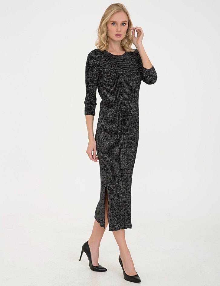 Siyah Slim Fit Bisiklet Yaka Triko Elbise. Pierre Cardin. - Görsel 3