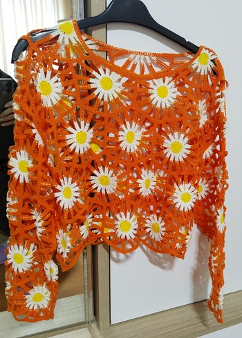 Turuncu Çiçek Desenli Dantel Detaylı Bluz - Görsel 2