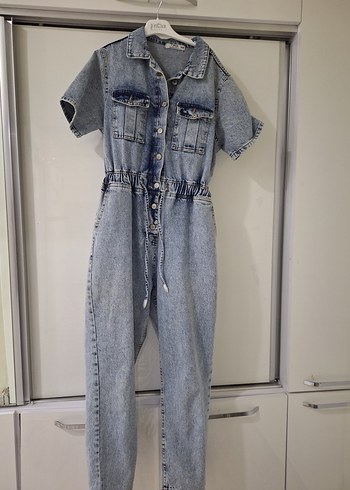 Zara Düğmeli Kot Tulum, Kısa Kollu, Gri Batik Desen