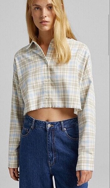 Bershka Crop Kareli Gömlek