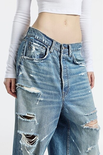 s Beden Mavi Yırtıklı Baggy Düşük Bel Wide Leg Jean