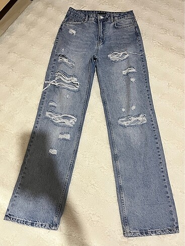 Bershka Mavi Yırtıklı Baggy Düşük Bel Wide Leg Jean