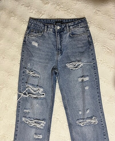 Mavi Yırtıklı Baggy Düşük Bel Wide Leg Jean