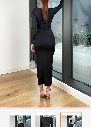 Kadın Siyah Uzun Kollu Drapeli Elbise - Görsel 3