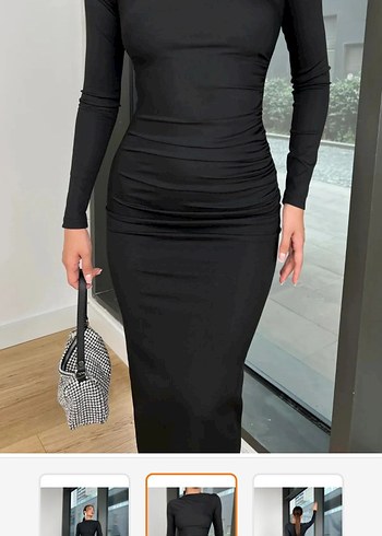 Kadın Siyah Uzun Kollu Drapeli Elbise - Görsel 2