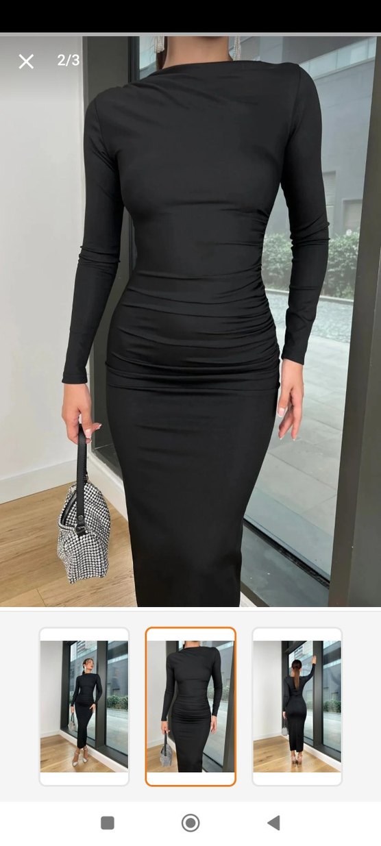 Kadın Siyah Uzun Kollu Drapeli Elbise - Görsel 2