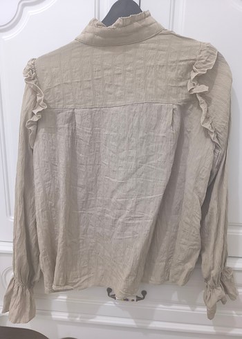 Bej Keten Fırfırlı Kadın Gömlek - Görsel 2