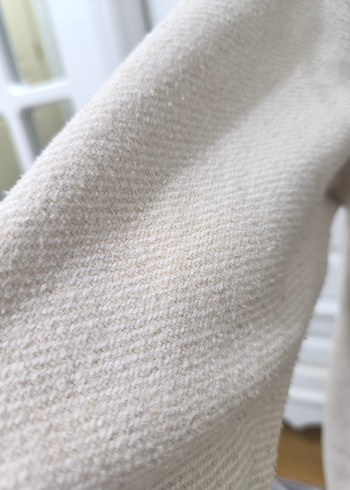 Bej Düğmeli Midi Kadın Keten Kaban - Görsel 4