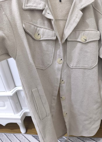 Bej Düğmeli Midi Kadın Keten Kaban - Görsel 3