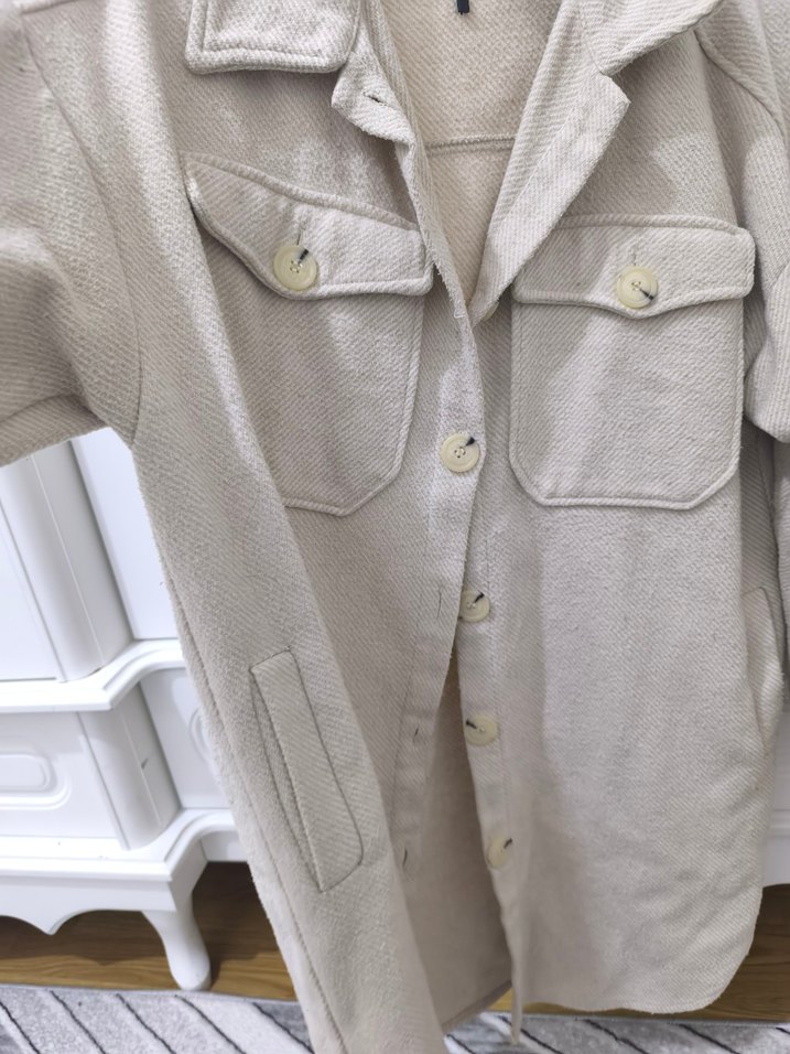 Bej Düğmeli Midi Kadın Keten Kaban - Görsel 3