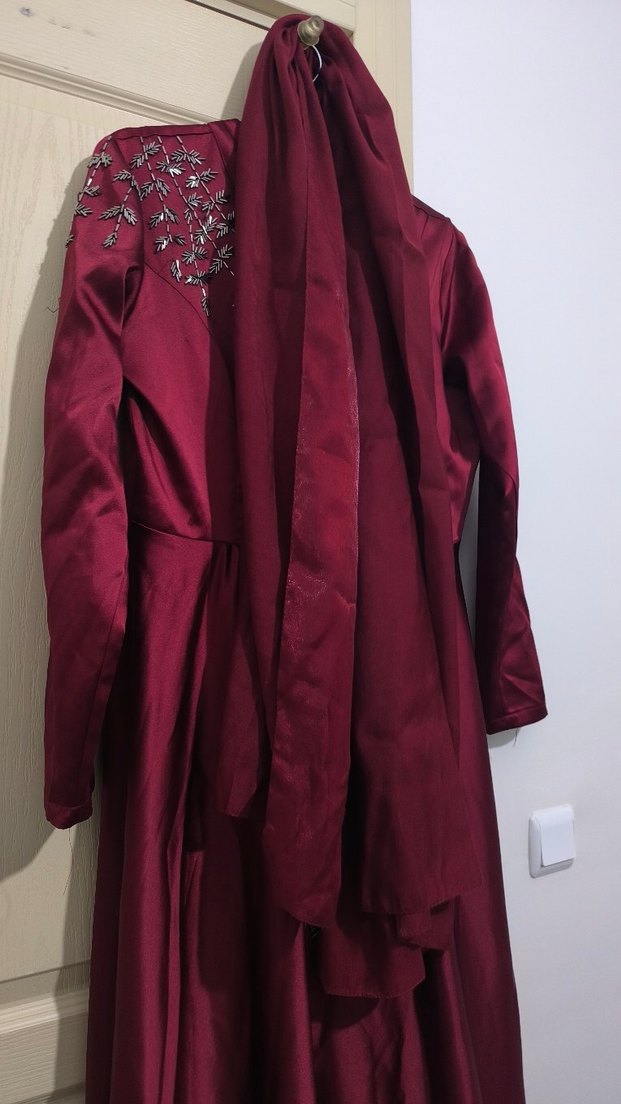 Bordo Uzun Kollu V Yaka Kadın Elbise - Görsel 3