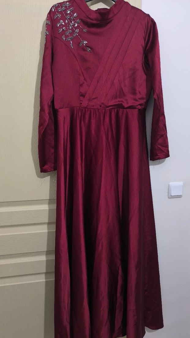 Bordo Uzun Kollu V Yaka Kadın Elbise - Görsel 2