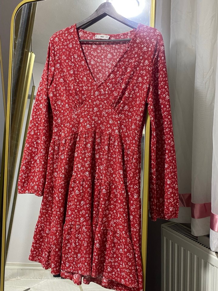 Mango Kırmızı Uzun Kollu Mini Bohem Elbise - Görsel 3