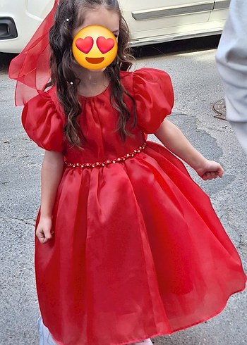 Kız Çocuk Kırmızı Parlak Fiyonk Detaylı Elbise - Görsel 3