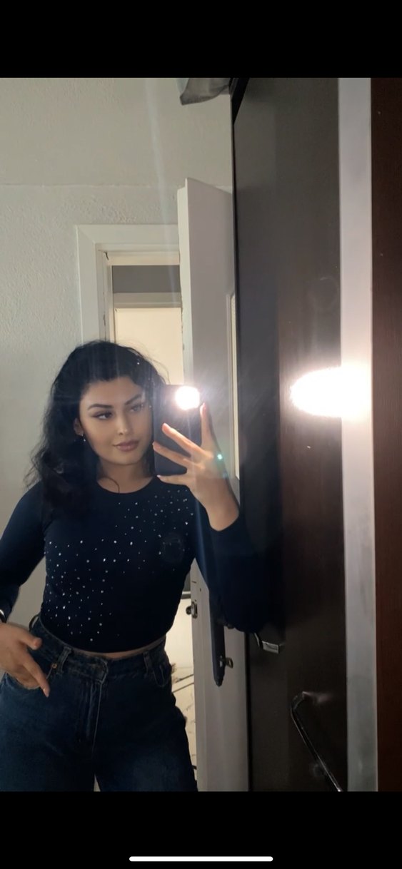 Kadın Mavi Payetli Uzun Kollu Crop Top - Görsel 2