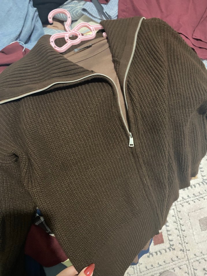 Kahverengi Fermuarlı Boğazlı Triko Kazak - Görsel 2