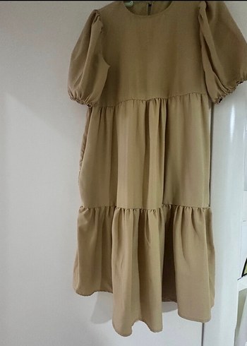 Bej Uzun Keten Elbise Fırfırlı - Görsel 2