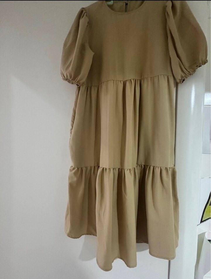 Bej Uzun Keten Elbise Fırfırlı - Görsel 2