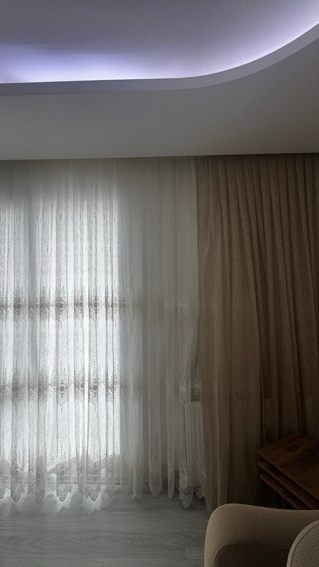 Beyaz Bağlama Desenli Konvansiyonel Tül Perde-Krem rengi fon - Görsel 2