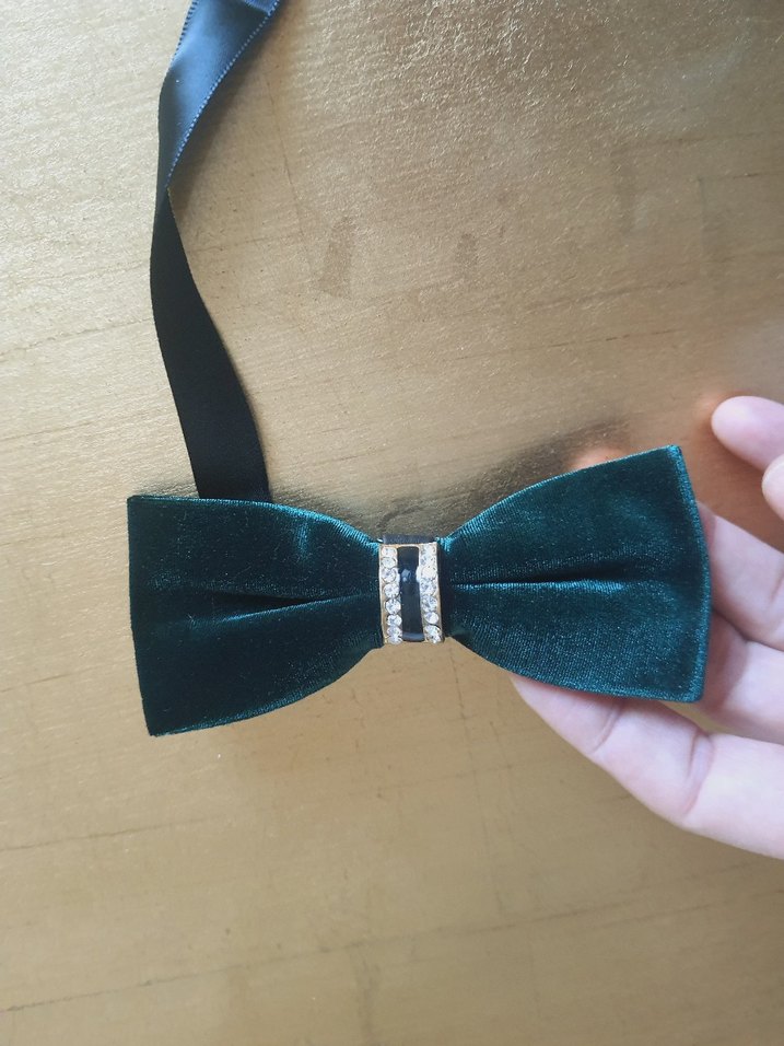 Koyu Yeşil Kadife Taşlı Papyon - Görsel 2