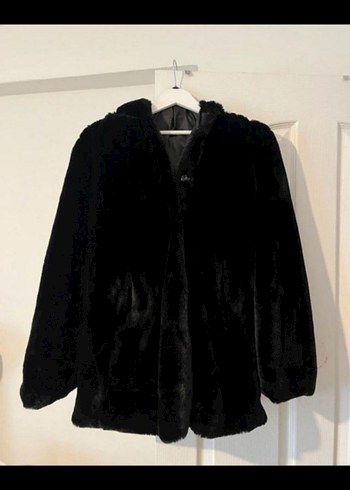 Siyah Kadın Suni Kürk Kapüşonlu Midi Kaban - Görsel 2
