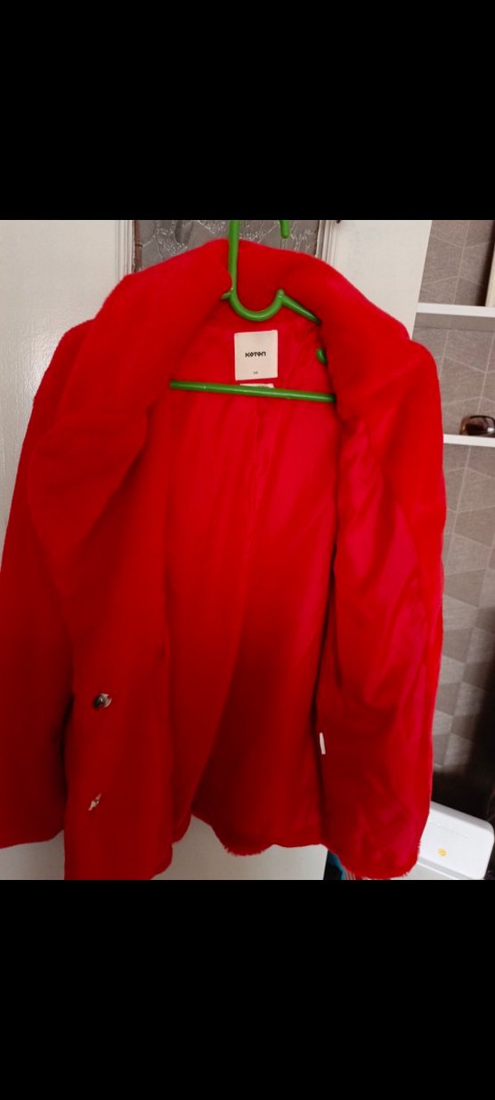 Kırmızı Kadın Peluş Midi Kaban - Görsel 5