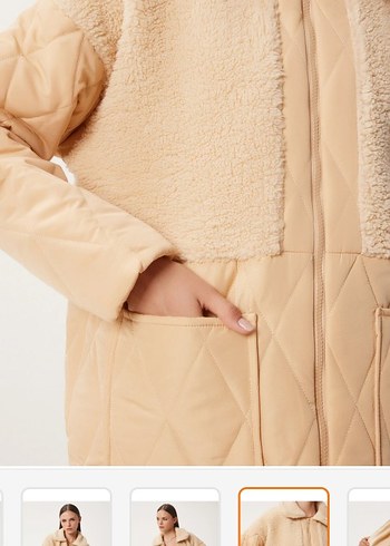 Bej Peluş Detaylı Kadın Kışlık Ceket S,m uygun - Görsel 7