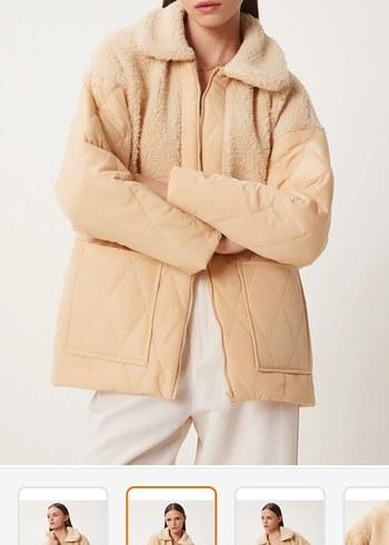 Bej Peluş Detaylı Kadın Kışlık Ceket S,m uygun - Görsel 3