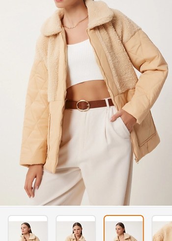 Bej Peluş Detaylı Kadın Kışlık Ceket S,m uygun - Görsel 5