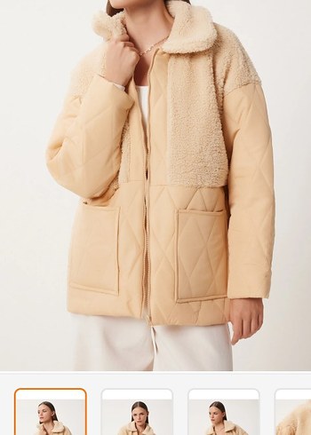 Bej Peluş Detaylı Kadın Kışlık Ceket S,m uygun - Görsel 6