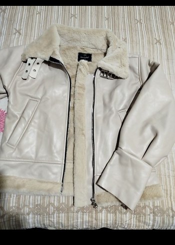 Kürklü Bej Deri Kadın Ceket - Görsel 2