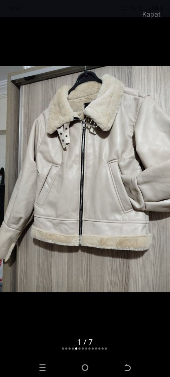 Kürklü Bej Deri Kadın Ceket - Görsel 3