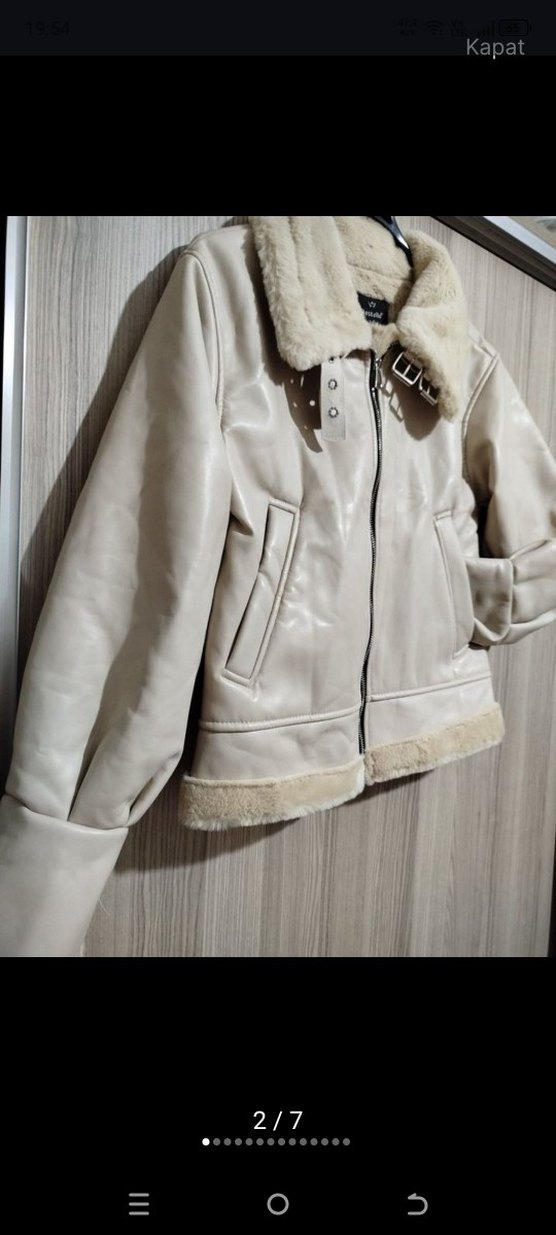 Kürklü Bej Deri Kadın Ceket - Görsel 5