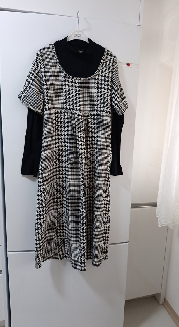 Gri Ekose Desenli Uzun Hamile Elbisesi - Görsel 5