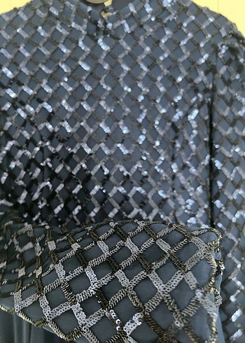 Lacivert Uzun Kollu Tesettür Abiye Elbise - Görsel 3