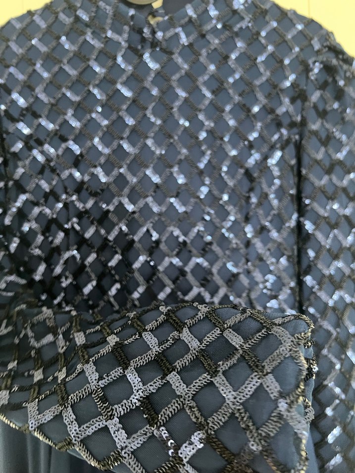 Lacivert Uzun Kollu Tesettür Abiye Elbise - Görsel 3