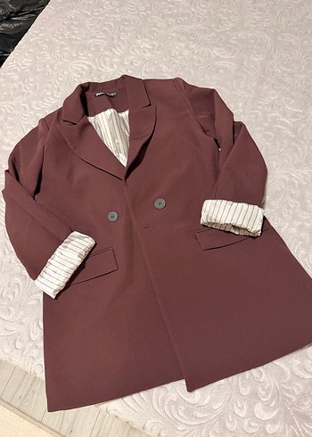 Zara Bordo Cift Dugmeli Uzun Ceket