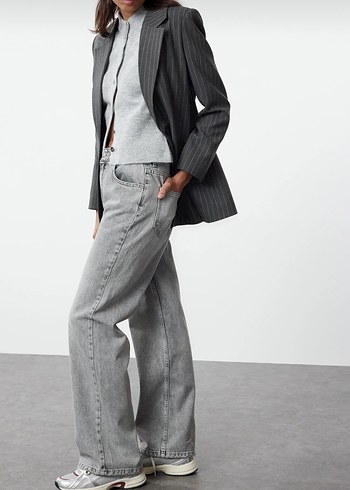 Gri Düğmeli Regular Fit Kadın Jean - Görsel 2