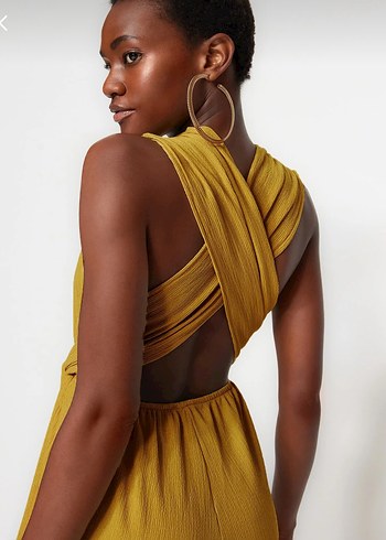 Yağ yeşili dokuma sırt dekolteli  Kadın Tulum - Görsel 6