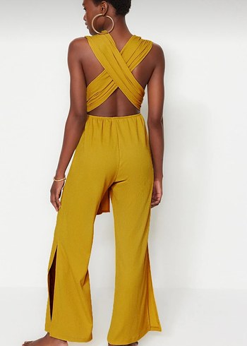 Yağ yeşili dokuma sırt dekolteli  Kadın Tulum - Görsel 5