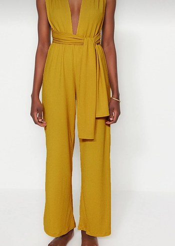 Yağ yeşili dokuma sırt dekolteli  Kadın Tulum - Görsel 4