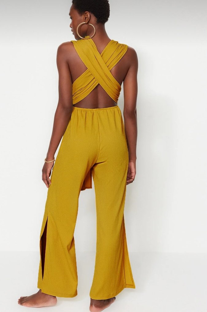 Yağ yeşili dokuma sırt dekolteli  Kadın Tulum - Görsel 5