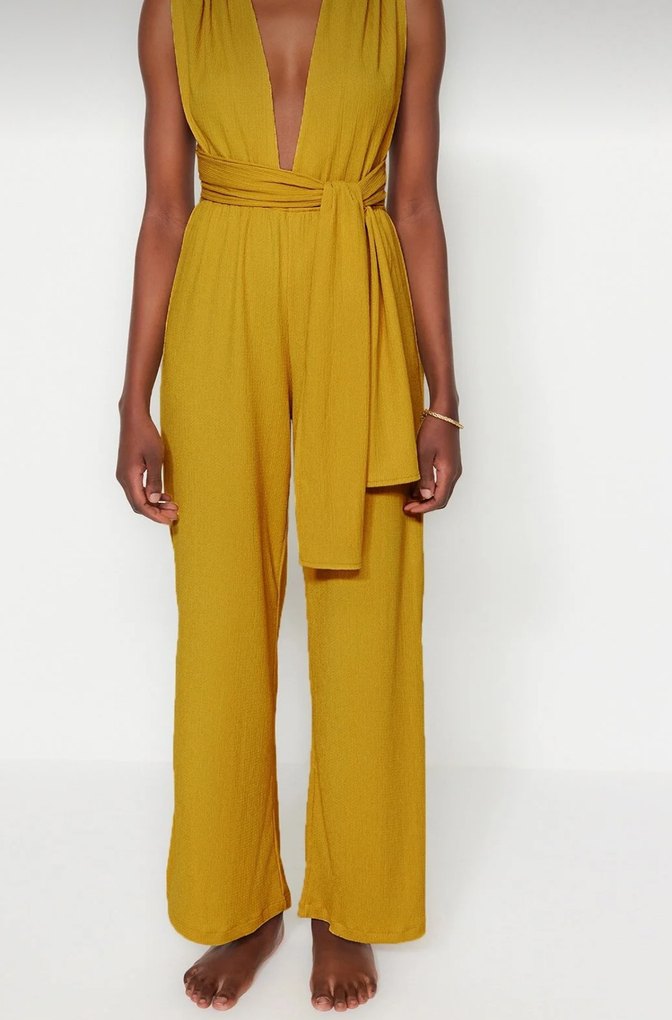 Yağ yeşili dokuma sırt dekolteli  Kadın Tulum - Görsel 4