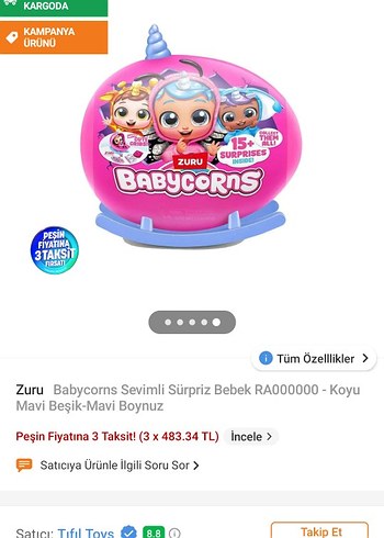 Babycorns Sevimli Sürpriz Bebek Koyu Mavi Beşik-Mavi Boynuz - Görsel 2